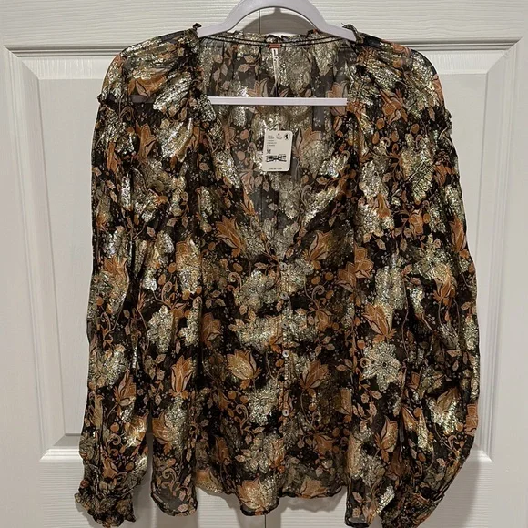 Free People Scorpio Long Sleeve Metallic Floral Sheer Blouse NWOT - - Picture 3 of 6